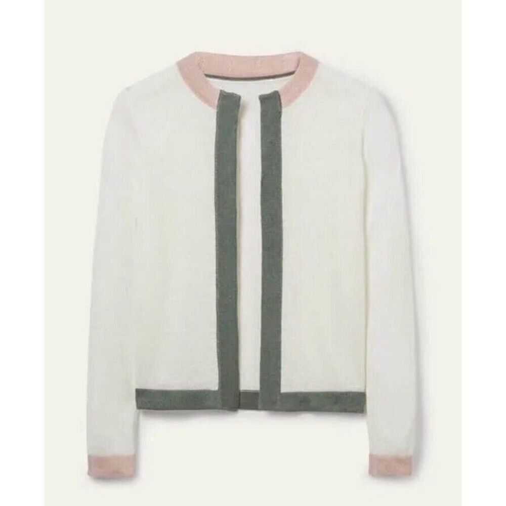 Boden Cardigan Linen Ivory White Pink Color Block Long Sleeve Open Front US 2